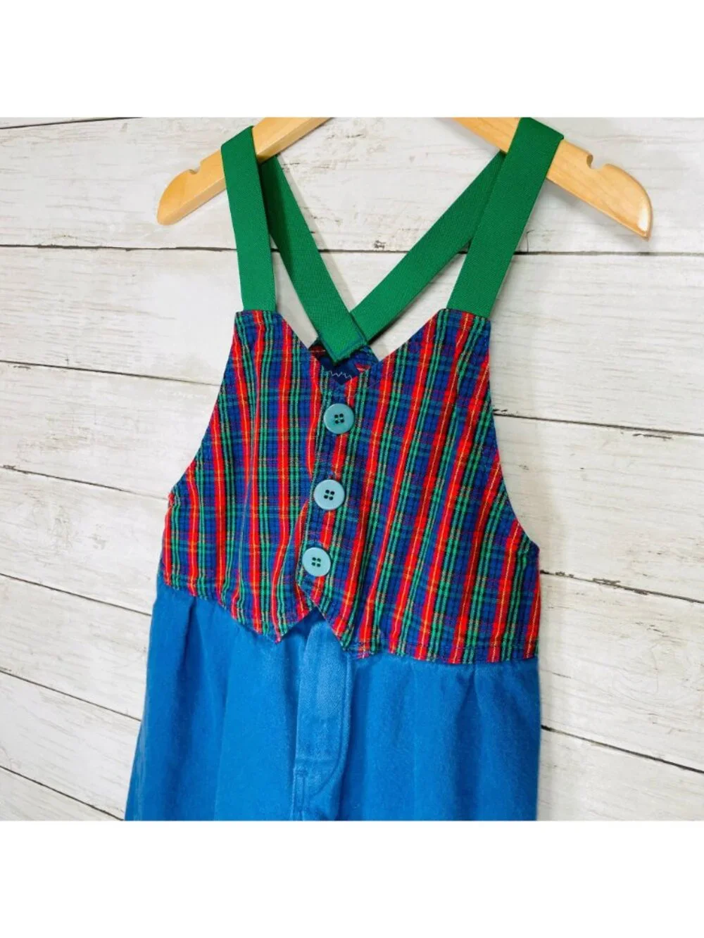 Vintage OshKosh Plaid Vest Elastic Suspender Overalls Romper Outfit 3T